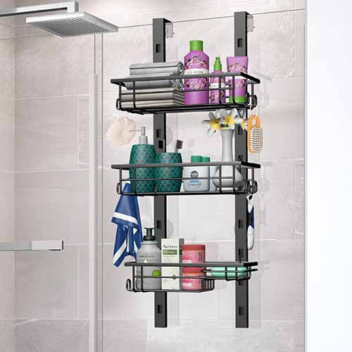 Spaclear Over The Door Shower Caddy, 3-Tier Adjustable Hanging Shower Shelves, Rustproof Stainless Steel with Hook Bathroom Organizer with Soap Holder for Inside Bathroom & Kitchen Storage, Black